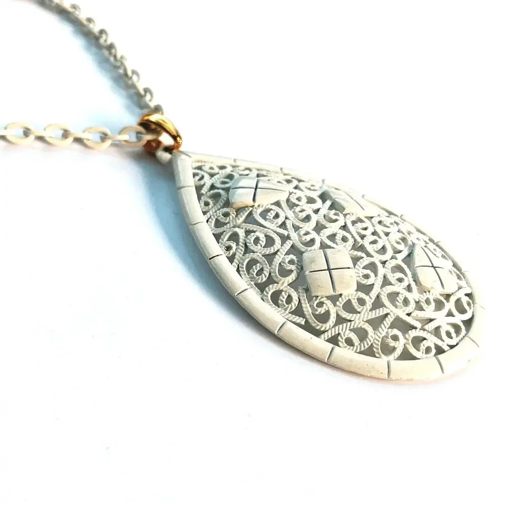 VTG 1960s 1970s Pendant Necklace White Enamel Filigree Mod Statement Jewelry